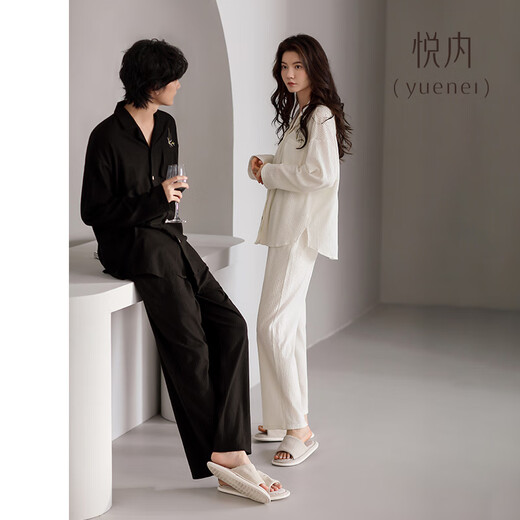 Yuenei Couple Pajamas Women's Spring and Autumn Style Autumn Long-sleeved Trousers Pure Cotton Home Clothes Men's New Chinese Style High-Quality Set 83226 Rice White Women's M (Male 90-110 Jin Jin equals 0.5 kg / Female 90-110 Jin Jin equals 0.5 kg)
