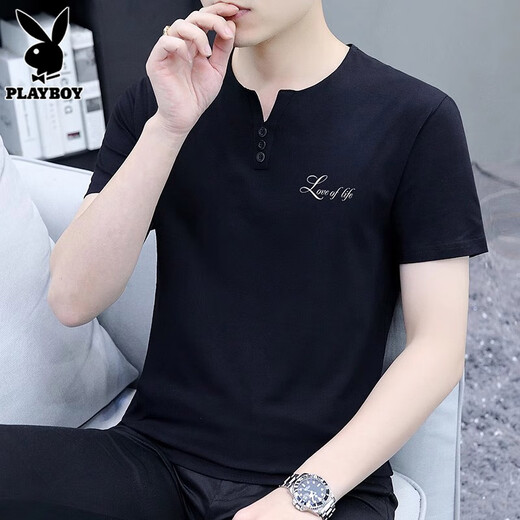 花花公子（PLAYBOY）短袖t恤男2025夏季新款潮流v领休闲宽松上衣薄款凉感男装 5024碳灰 3XL