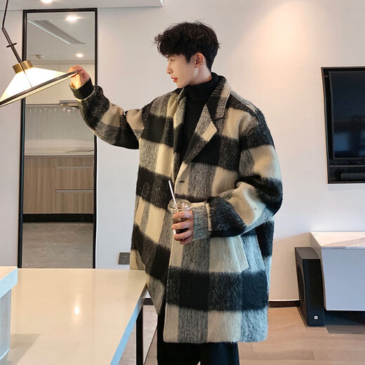 OEMG college style British mid-length woolen coat men's autumn and winter plaid windbreaker small fragrance loose woolen coat black XL recommended 110-130Jin Jin equals 0.5 kg