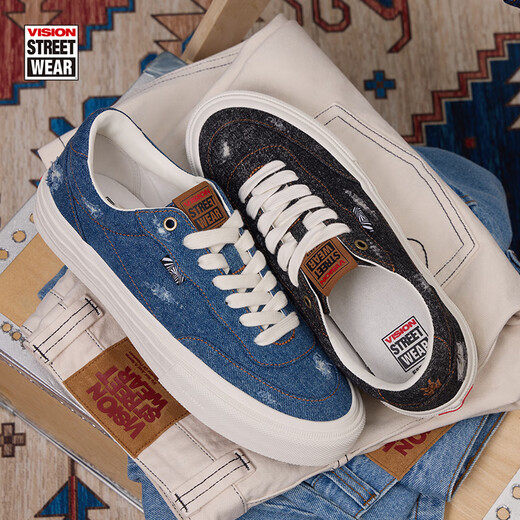 VISION STREET WEAR official FLAT TOP denim series low-top wash worn canvas shoes street men and women skateboard shoes flat black denim 42