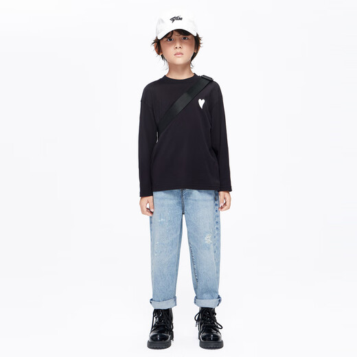 Little MO&Co. Pure cotton children's clothing spring and autumn clothing boys and girls long-sleeved T-shirts children's tops medium and large children's bottoming shirt black 100 110/52