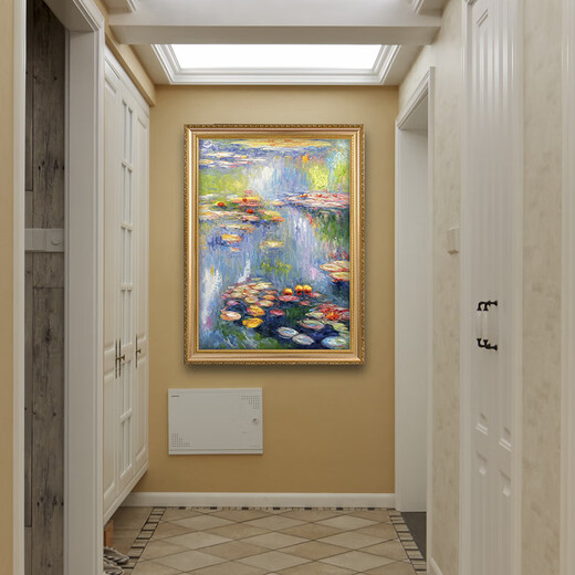帝旗莫奈 睡莲 手绘油画竖版现代简约轻奢风格玄关装饰画走廊餐厅挂画 692金实木框 100X180