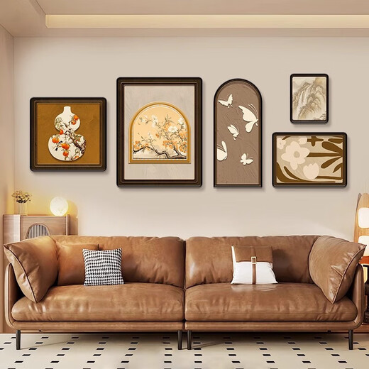 Kezhi style crème salon décoration peinture abstraite style journal canapé fond tenture murale peinture niche créative combinaison chaude murale T12158 4040/5070/30*70/30*30/4030 peinture artistique en cristal brillant + bordure dorée (remarques noires)