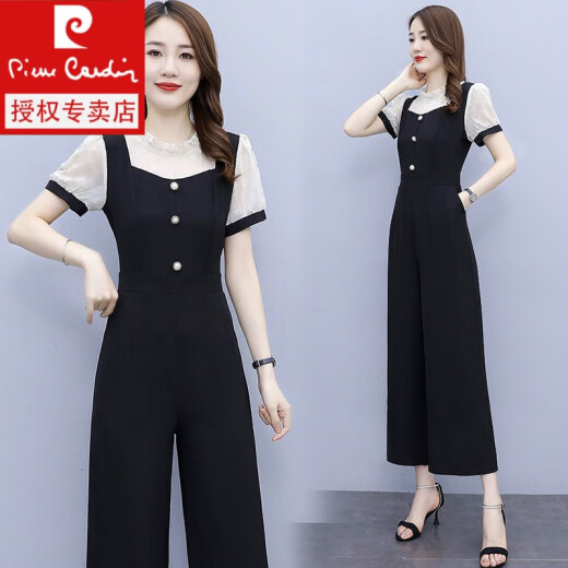皮尔卡丹（pierre cardin）短袖雪纺阔腿连体裤套装女2024年新款时尚气质夏季薄款一体连衣裤 【1098%23】杏色 连体裤 L 建议105-115斤
