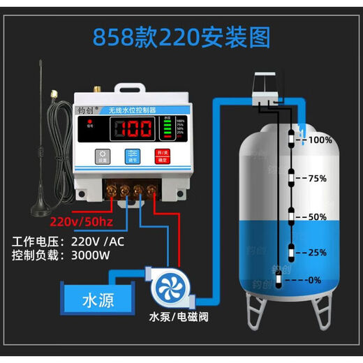 Yue Changsheng Chengyang Solar Wireless Automatic Water Level Controller Water Tower Water Pump Sensing Water Breeding Liquid Level Far Solar Charging 858C Model + External Antenna