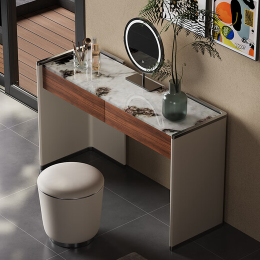 Jiajia Huan Italian style minimalist light luxury dressing table high-end customized leather veneer solid wood dressing table simple high-end designer dressing table + makeup stool + makeup mirror length 100x width 45x height 75cm