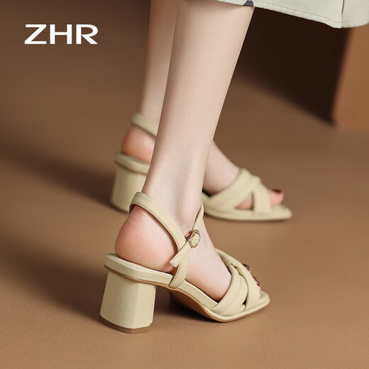 
ZHR Sandals for women in summer elegant one-length strap thick heels for women gentle solid color high heels for women Y683 light yellow 38