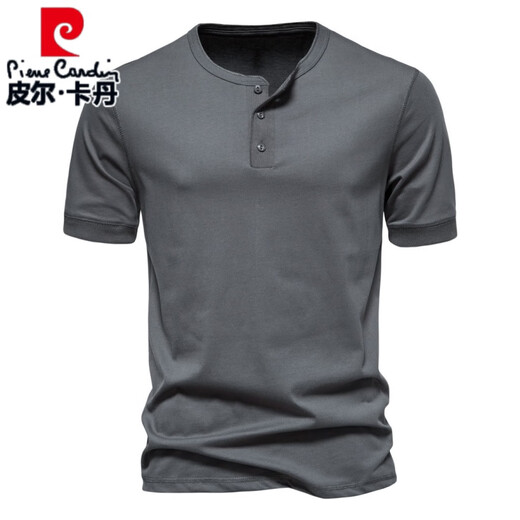 Pierre cardin European and American elastic Henry neck short-sleeved T-shirt men's youth summer casual personality large-size solid color half-sleeved T-shirt trendy light gray L 125-140Jin [Jin equals 0.5 kg]
