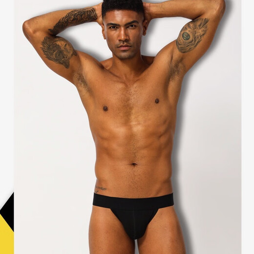 Muscular men's body-shaping thong underwear, sexy back empty buttocks exposed double thong underwear, U-shaped pouch, bulging sports underwear, black M