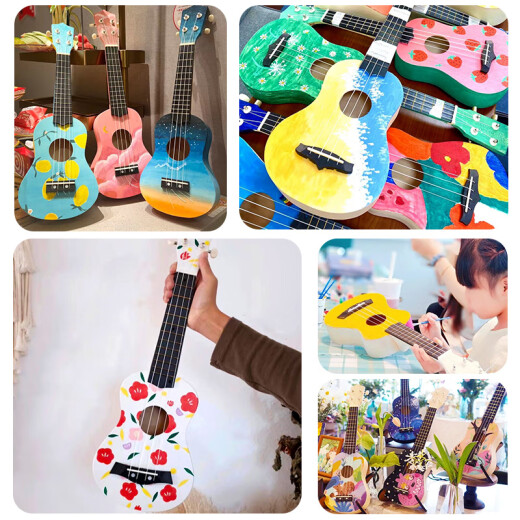 
Ukulele DIY small guitar handmade homemade assembly material bag painted hand-painted graffiti wood 21 inches round + pigment + backpack strap 21 inches