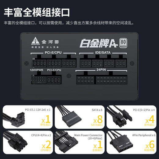 金河田（Golden field）白金A+1050W 黑色ATX3.1电脑电源白金认证/全日系电容/压纹线/12V2*6/稳压5090D显卡/1000uf主电容