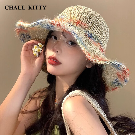 CHALL KITTY防晒帽子女夏季海边度假镂空大帽檐草帽女士遮阳帽太阳帽凉帽子女 米色-高端品牌礼盒装高档高级感