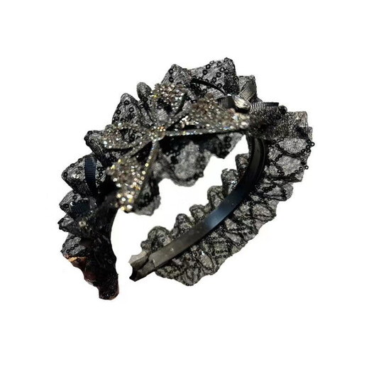 WEISHINI summer mesh sequined rhinestone butterfly headband French wide-brimmed pleated headband high skull hair accessories headband hairpin for women black A25-105