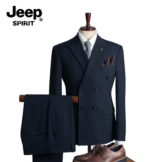 JEEP SPIRIT Jeep suit men's suit wedding double-breasted British lapel groom engagement slim striped formal suit blue (suit + trousers) XL/52 (125-135Jin Jin equals 0.5kg)