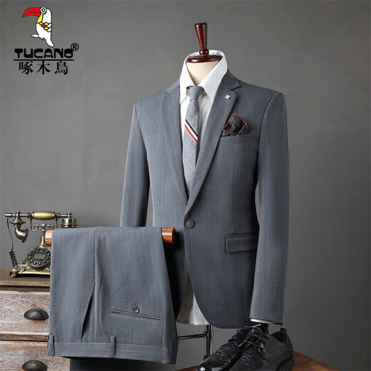 Woodpecker (TUCANO) New Wedding Suit Men's Groomsmen's Suit Business Formal Wear Korean Slim Striped Groom's Suit Jacket Men's Black Stripe (Suit+Trousers) XL 52 (125-135Jin Jin equals 0.5kg)