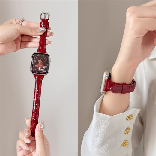 Vino Xinging Rojo Red Small S10 Huaqiangbei S9 Strap Ultra2 Fin Genuine Leather Adecuado para iWatchs8/S9 Apple de cuero fino-Avocado Apple Iwatch nuevo S841 mm