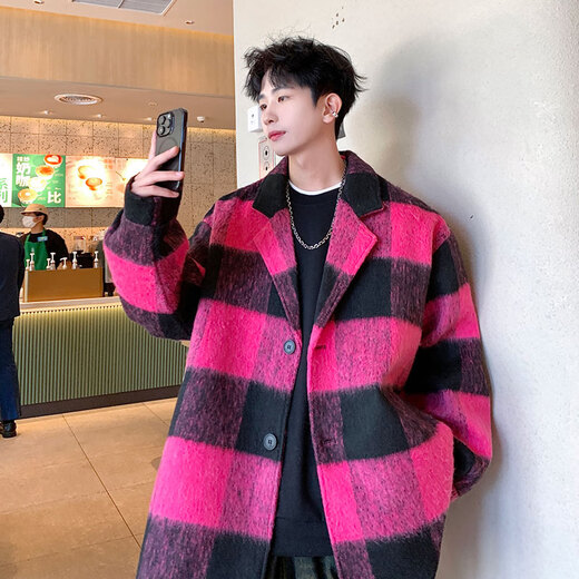 OEMG college style British mid-length woolen coat men's autumn and winter plaid windbreaker small fragrance loose woolen coat black XL recommended 110-130Jin Jin equals 0.5 kg