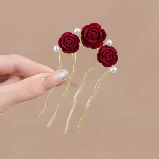 Meng Junchen's new Chinese style hairpin for women, burgundy camellia bud U-shaped hairpin, ball head hair styling accessories, new Chinese style rose hairpin