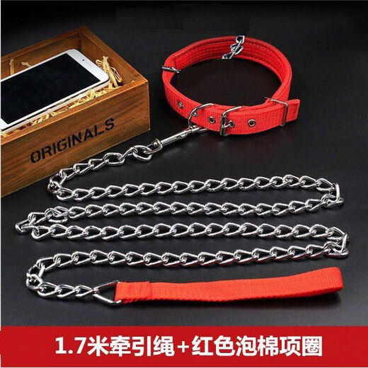 Dog leash anti-bite pet walking leash small, medium and large dog universal dog leash collar dog iron chain 1.7m traction + collar (red) diameter 2mm 6Jin Jin equals 0.5kg for indoor dogs