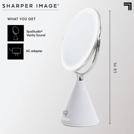 SHARPER IMAGE SPASTUDIO 9-inch double-sided vanity mirror with built-in speaker wireless Bluetooth 360 rotary touch control adjustable LED light white