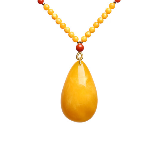 Qiongque Pavilion Beeswax Pendant Amber Raw Stone Chicken Fat Yellow Honey Water Drop Square Brand Blood Amber Sweater Necklace for Men and Women Type A