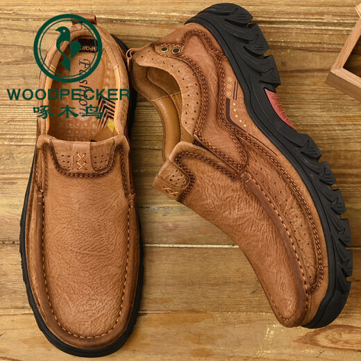 Holzspecker Herrenschuhe Outdoor Casual Big Head Lederschuhe Herren echte Leder wasserdichte dicke Arbeitsschuhe Nicht-Rutsch-Vaters Schuhe 9828 Brown [Schnürung] 40