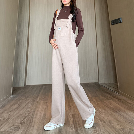 Miduli maternity overalls suit autumn and winter plus velvet thickened maternity pants winter wide-leg pants autumn trousers winter wear khaki overalls-velvet XL size (recommended 130-160Jin Jin is equal to about 0.5 kg)