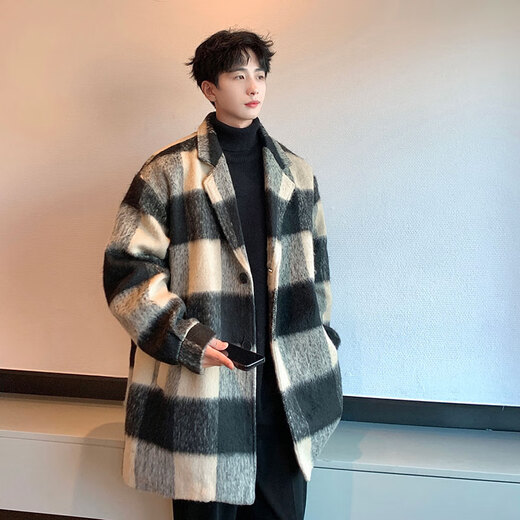 OEMG college style British mid-length woolen coat men's autumn and winter plaid windbreaker small fragrance loose woolen coat black XL recommended 110-130Jin Jin equals 0.5 kg
