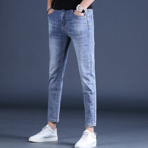 
KuRenTou summer thin blue nine-point jeans men slim feet 2023 new elastic men's pants 9-point trousers men Q1049 gray nine-point 29