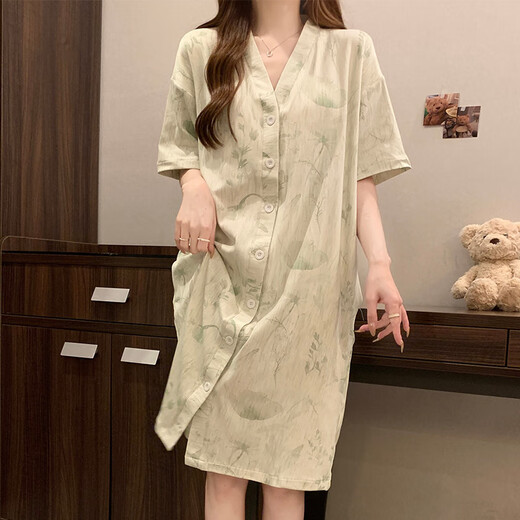 另约新中式睡裙女带胸垫夏季短袖复古风高级感睡衣连衣裙春秋款家居服 5155 绿色花朵 带胸垫 XXL