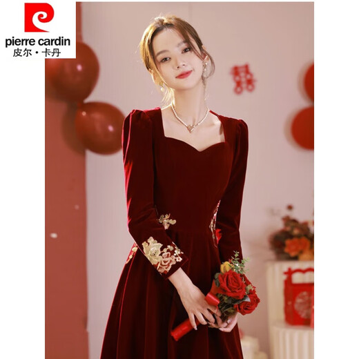 Pierre Cardin 23 New Toast Wear Bridal Red Wedding Winter High-end Velvet Engagement Dress Long Sleeve Autumn and Winter Women Burgundy L