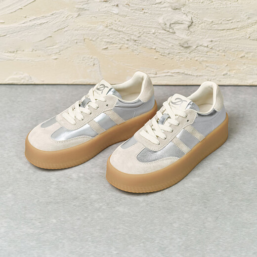 百思图春夏商场新款复古厚底银色德训鞋女休闲运动鞋I9227CM4 银色/灰色 34