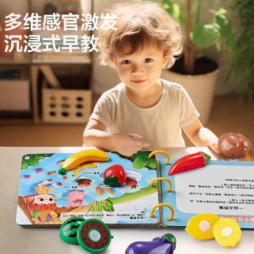 Xinge Children's Toys Play House Early Education Enlightenment Quiet Book Magic Sticker Tear-Off Book Simulation Vegetable and Fruit Cutting Fun 2-in-1 Set Boy and Girl Birthday Gift 19-piece Storage Box