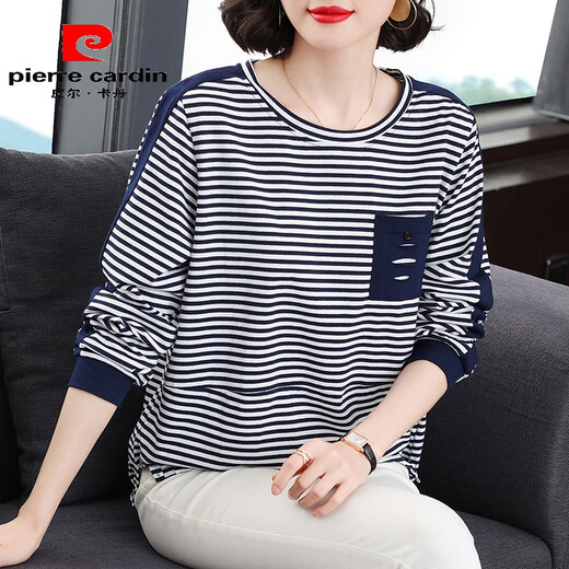 Pier Cardin Striped Top für Frauen im Frühjahr und Herbst 2025 Neue Mutter Eine Mutter Baumwolle langärmeliges T-Shirt für Frauen mittleren Alters im mittleren Altersreduzierende Basishemd Modetrend Blau und weiße Streifen 698 Modelle 4xl empfohlen 145-160jin [Jin gleich 0,5 kg]