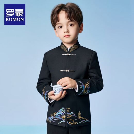 罗蒙男童中山装西装套装国风新中式西服民国儿童主持人演出服 黑色140