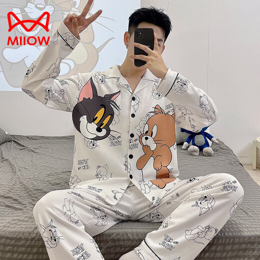 Cat Man (MiiOW) Pure Cotton Men's Pajamas Spring and Autumn Teenagers Cartoon Student Cardigan Large Size Men's Long Sleeve Trousers Home Clothing 9905 (Long Sleeve Cardigan) M