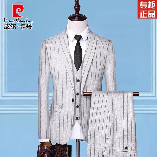 Pierre Cardin suit men's Korean style slim striped suit three-piece business wedding dress for men black suit + vest + trousers 4XL