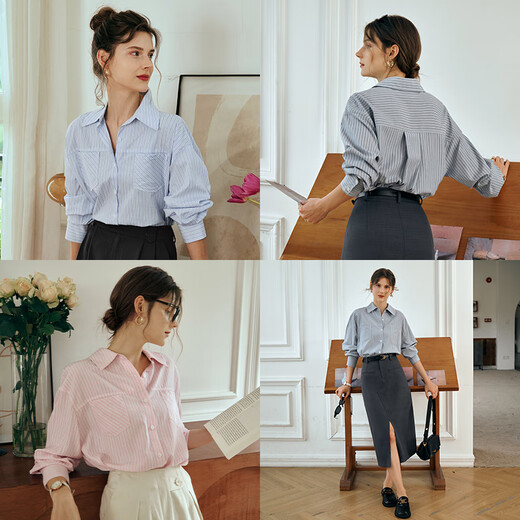Olrain French striped shirt women's autumn loose commuting long-sleeved top light blue stripes M