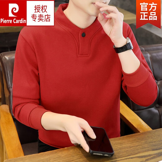 Pierre Cardin Henley collar sweatshirt men's long-sleeved T-shirt men's spring half turtleneck sweatshirt bottoming shirt top knitted military green 77012 M 90-105Jin Jin equals 0.5 kg