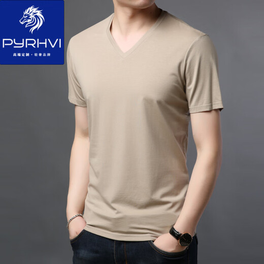 PYRHVI夏季新款男士短袖t恤莫代尔纯色V领冰丝薄中青年休闲棉体恤衫上衣 9902宝蓝 S 165
