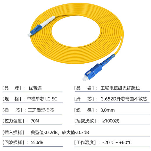 优普连 电信级光纤跳线单模单芯SC转SC/FC/LC/ST室内软光纤线 光纤延长线 方转圆光缆尾纤线 电信级单模单芯LC-SC 10米