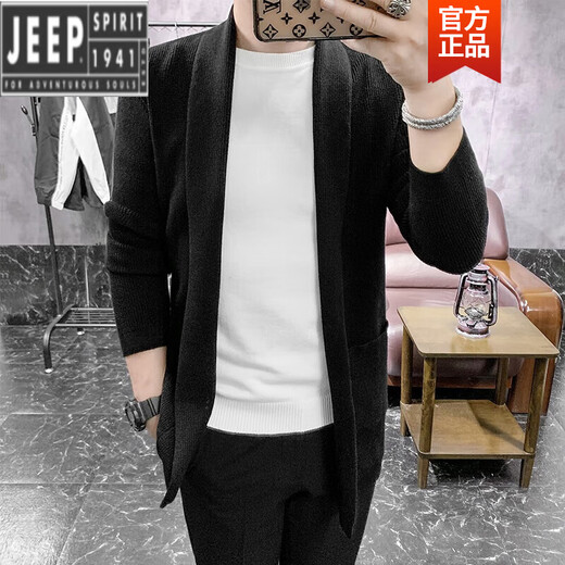 吉普（JEEP）高档成熟稳重男装针织开衫男春秋款潮流韩版毛衣外套中长款毛线风 深灰色 M