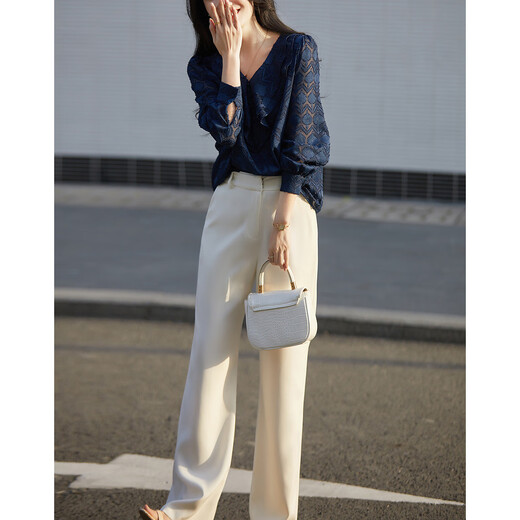 Demana bright silk glitter quality spring and autumn French V-neck long-sleeved shirt jacquard temperament shirt women's tops