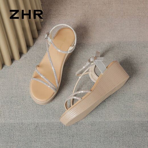 Zhr Sandalen Frauen Flash Drill Rampenhalsriemen Frauenschuhe elegante Dame Stil vielseitige Schuhe für Frauen M571 Tarnung Silber 37
