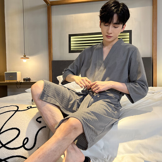 Yu Zhaolin nightgown men's pajamas men and women same bathrobe spring and summer simple waffle home clothes long
