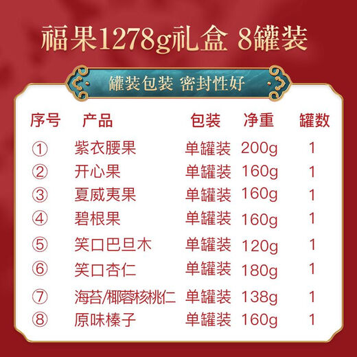 姚生记8罐装福果坚果高端节日礼盒1278g送礼送长辈零食 店长福果1278g/方形罐/8罐装