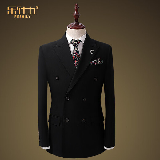 Leshili high-end handsome suit suit male groom wedding dress slim stretch black business casual suit suit arch line double button black 2-piece set (jacket + pants) 180/52/XL default size 33 pants