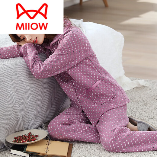 猫人（MiiOW）秋冬季全棉空气棉夹层睡衣女加厚纯棉长袖三层厚款夹棉家居服套装 6169 XXL