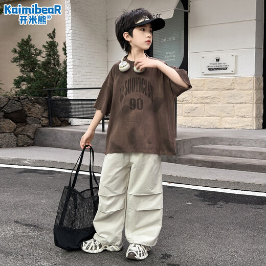 开米熊男童夏季套装2025新款儿童装夏装潮帅气时髦男孩短袖裤子运动衣服 咖色 160 码建议身高155cm左右
