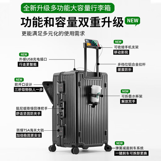 乌尼莫克（Uniamog）德国品牌超大容量行李箱新款旅行箱拉杆箱商务出差密码箱托运皮箱 曜岩黑-减震刹车万向轮 加厚耐摔 28英寸 /USB充电+可放15英寸电脑